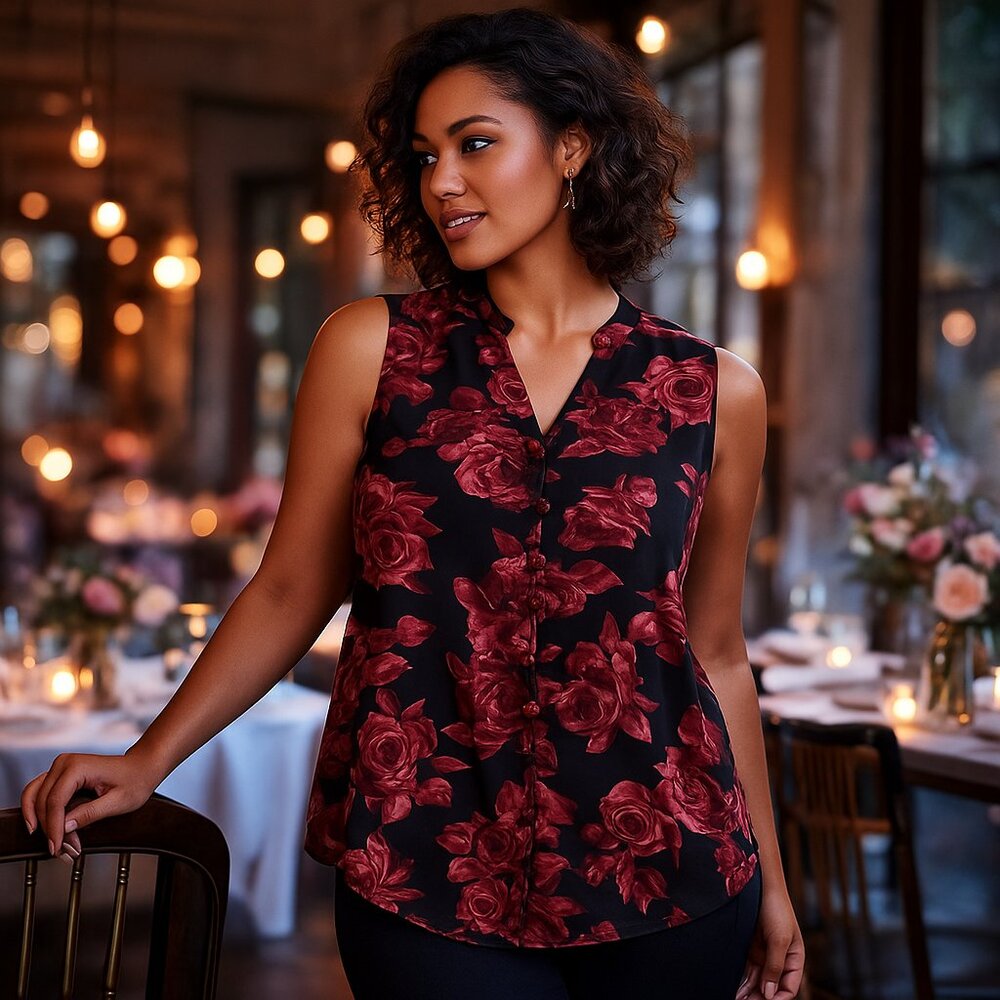 Torrid Sleeveless Button Front Rose Print Top Size 1/ 1X